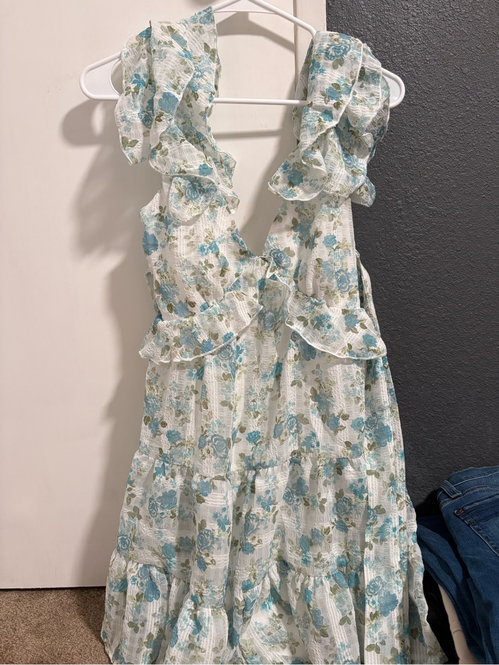 Trixxi White Dress with Blue-Green Floral Print